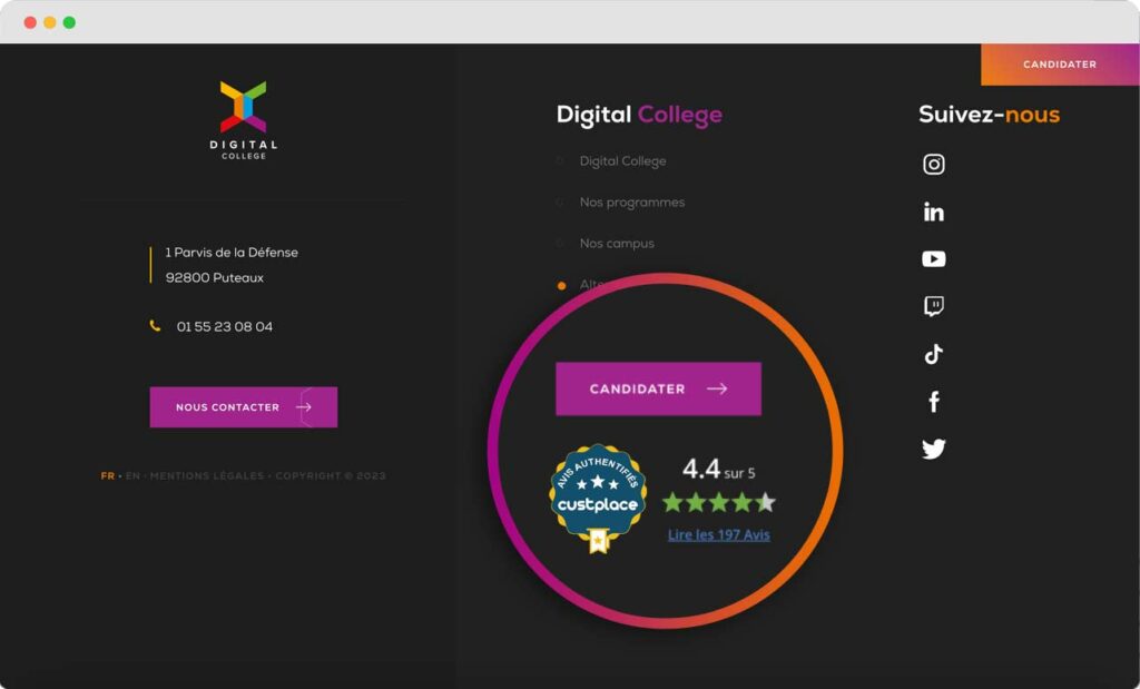 Groupe Digital College affichant le badge de confiance Custplace sur son site internet