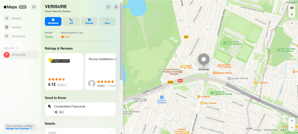 Page Verisure sur Apple Plans avec avis clients et localisation sur la carte.