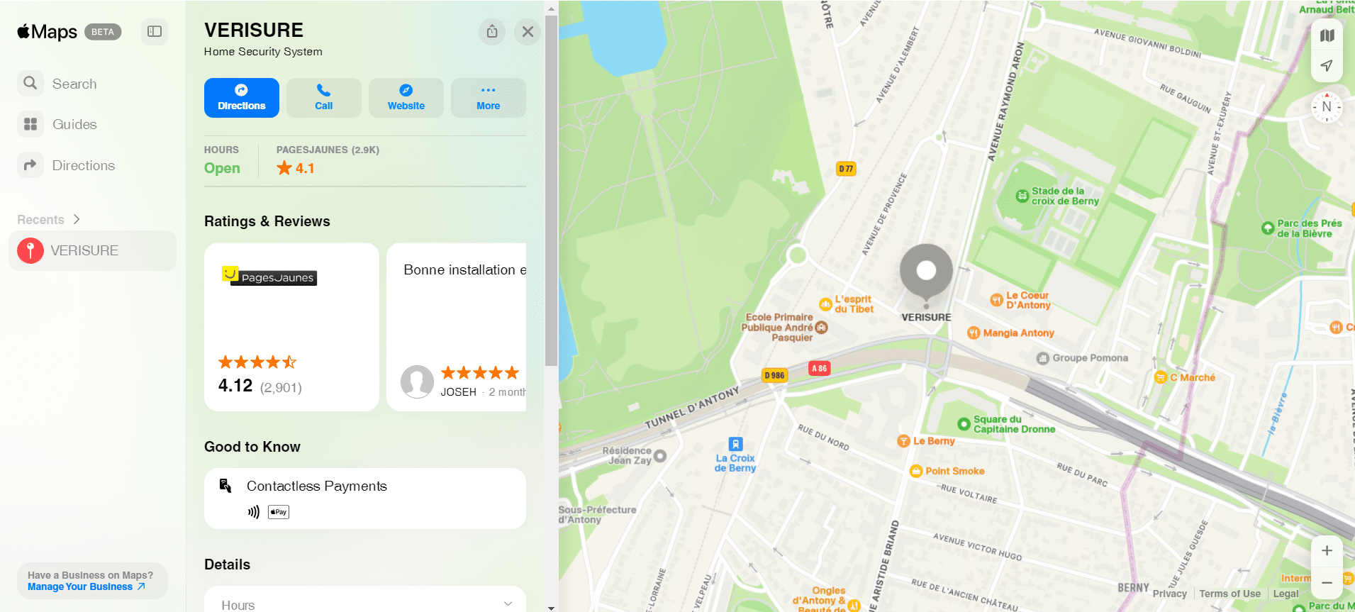 Page Verisure sur Apple Plans avec avis clients et localisation sur la carte.