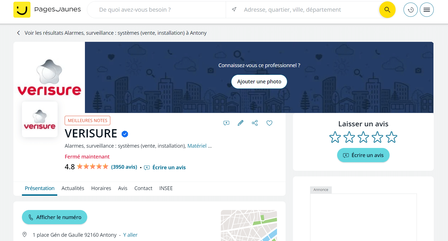 Page Verisure sur Pages Jaunes avec notes des utilisateurs et option de laisser un avis.