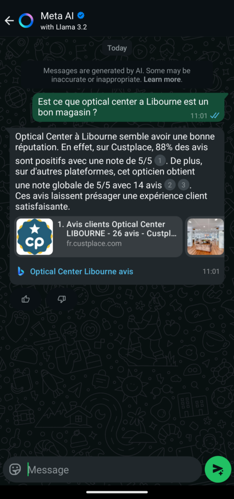 Réponse de Meta IA sur WhatsApp affichant des avis clients pour Optical Center à Libourne via Custplace.