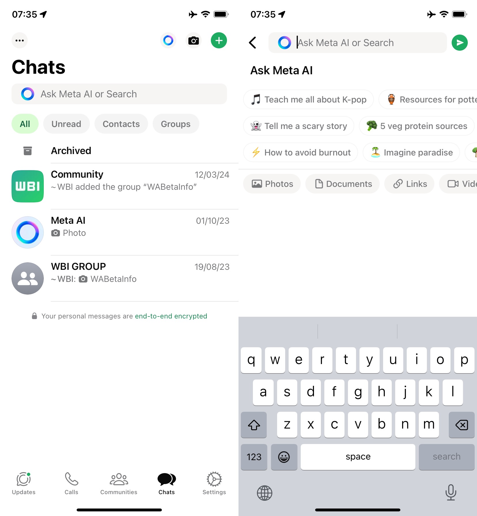 Interface WhatsApp avec Meta IA intégré dans la barre de recherche et suggestions d’utilisation.